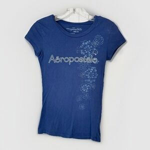Y2K Aeropostale Baby Fit Tee Blue Floral Logo Fitted Top Medium